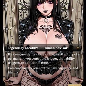 Może przedstawiać: Karta do gry fantasy przedstawiająca kobietę z czarnymi włosami i czarną skórzaną kurtką. Tekst na karcie brzmi "Legendary Creature - Human Advisor" i zawiera instrukcje gry. Karta ma moc i wytrzymałość 2/4.
