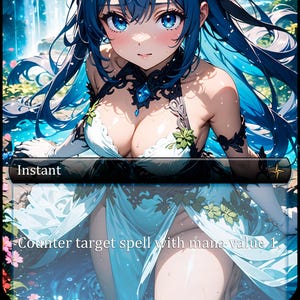 May include: Anime-style illustration of a woman with long blue hair and blue eyes. She wears a white and light blue dress with floral accents. The card reads "Instant" and "Counter target spell with mana value 1."