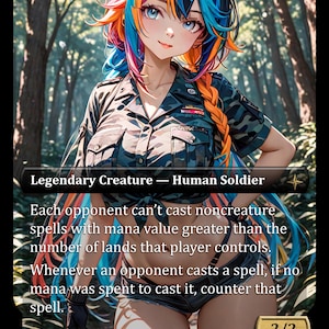 May include: A Magic: The Gathering card depicting a Human Soldier with vibrant hair and a military uniform. The card text details game rules, with a power and toughness of 2/2. The background shows a forest scene.