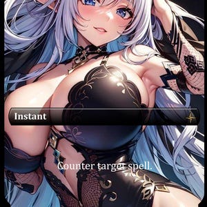 May include: A fantasy art card featuring a female character with long, light blue hair and blue eyes. She wears a black outfit with floral and lace details. The card reads "Instant" and "Counter target spell."