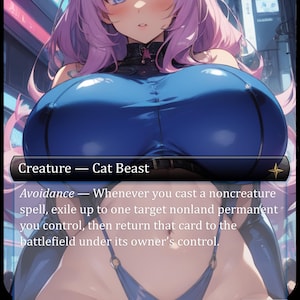 Könnte beinhalten: Eine Fantasy-Karte mit einem weiblichen Anime-Charakter mit rosa Haaren und blauen Augen. Der Kartentext lautet "Kreatur - Cat Beast" und enthält Spielmechaniken. Die Karte hat ein blaues und schwarzes Farbschema mit 2/2 Stärke und Widerstandskraft.