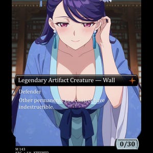 Pode incluir: Um cartão de arte digital com uma mulher em uma túnica azul com cabelo roxo e olhos rosados. O cartão diz "Legendary Artifact Creature - Wall" com o texto "Defender" e "Other permanents you control have indestructible."