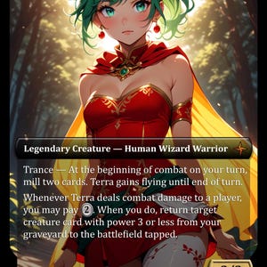 Może przedstawiać: Karta Magic: The Gathering przedstawiająca postać kobiety w stylu anime z zielonymi włosami i turkusowymi oczami, ubranej w czerwień i złoto. Karta jest oznaczona jako "Legendarna Istota - Człowiek Mag Wojownik" i zawiera tekst gry oraz moc/wytrzymałość 3/3.