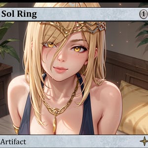 Puede incluir: Una carta de Sol Ring que presenta a una mujer rubia con ojos dorados y una corona dorada. La carta tiene el texto "Sol Ring" en la parte superior y "Artifact" en la parte inferior. La carta tiene un coste de maná de (1).