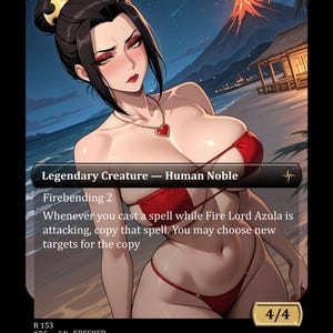Puede incluir: Una carta de Magic: The Gathering que presenta a una mujer en bikini rojo en una playa con un volcán de fondo. La carta dice "Legendary Creature - Human Noble" y "Firebending 2". La carta tiene una fuerza y resistencia de 4/4.