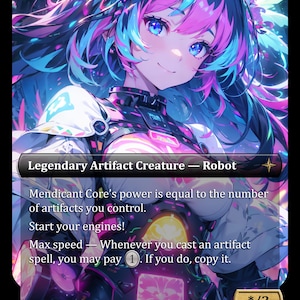 May include: A fantasy card featuring a robot character with blue and pink hair and eyes. The card is labeled "Legendary Artifact Creature - Robot" and includes game text. The artwork has a vibrant, colorful style.