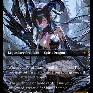 Puede incluir: Carta de fantasía con un personaje femenino de pelo negro y cuernos, junto a un dragón negro. El texto de la carta dice "Criatura Legendaria - Dragón Espíritu" e incluye instrucciones del juego. La carta tiene una fuerza y resistencia de 4/4.