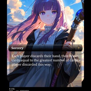 Może przedstawiać: Ilustracja w stylu anime przedstawiająca młodą kobietę z fioletowymi włosami i oczami, trzymającą laskę. Karta oznaczona jest jako "Sorcery" z tekstem opisującym efekt karty. Tło przedstawia błękitne niebo z chmurami.