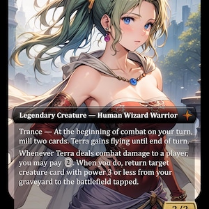 Może przedstawiać: Karta fantasy przedstawiająca postać kobiety z zielonymi włosami i niebieskimi oczami. Karta jest oznaczona jako "Legendary Creature - Human Wizard Warrior" i zawiera tekst gry. Karta ma moc i wytrzymałość 3/3.