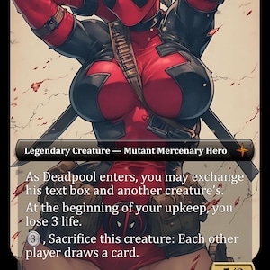 Könnte beinhalten: Sammelkarte mit einer stilisierten Illustration von Deadpool in einem rot-schwarzen Kostüm. Die Karte trägt die Bezeichnung "Legendäre Kreatur - Mutant Söldner Held" und enthält Spieltext. Die Stärke und Zähigkeit der Karte betragen 5/3.