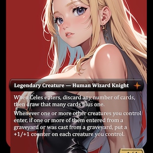 May include: A Magic: The Gathering card depicting a female character with long blonde hair and purple eyes. The card is labelled "Legendary Creature - Human Wizard Knight" and includes game text and a power/toughness of 4/4.