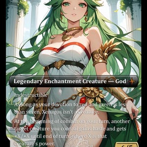 Op de afbeelding: Een fantasiekaart met een vrouw met lang groen haar en een witte jurk met rode rand. De kaart is gelabeld "Legendary Enchantment Creature - God" en bevat speltekst. De kaart heeft een kracht en veerkracht van 6/5.