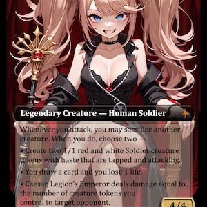 Puede incluir: Carta de fantasía con un personaje femenino de anime con coletas rosas, ojos azules y un atuendo negro. La carta dice "Criatura Legendaria - Soldado Humano" e incluye texto del juego y una fuerza/resistencia de 4/4.
