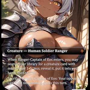 May include: A fantasy card featuring a Human Soldier Ranger with fair skin, white hair, and pointed ears. The card displays the text "Creature - Human Soldier Ranger" and a power/toughness of 3/3. The artwork depicts the character in armor.