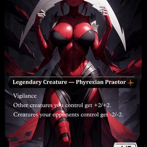 Könnte beinhalten: Fantasy-Karte mit einem roten Phyrexian Praetor mit einem schwarz-weißen Design. Die Karte enthält den Text "Legendary Creature - Phyrexian Praetor", "Vigilance" und andere spielbezogene Texte. Die Stärke und Zähigkeit der Karte betragen 4/7.