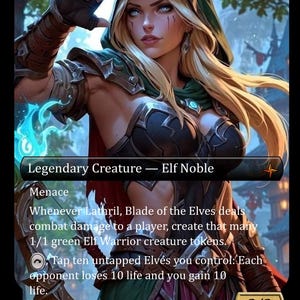 May include: A fantasy art card featuring a female elf warrior with long blonde hair, wearing dark armor and a green hooded cloak. The card is labeled "Legendary Creature - Elf Noble" with game text and a power/toughness of 2/3.