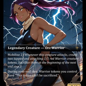 May include: A fantasy card depicting an Orc Warrior with dark skin, purple hair, and a black outfit. The card has a lightning background and text detailing the creature's abilities. The card's power and toughness are 2/4.