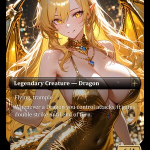 Puede incluir: Carta de fantasía con una mujer dragón de pelo dorado, vestida con un vestido y joyas doradas. El texto de la carta dice "Criatura Legendaria - Dragón" con habilidades como "Volar, arrollar" y "doble ataque". La carta tiene una fuerza/resistencia de 6/4.