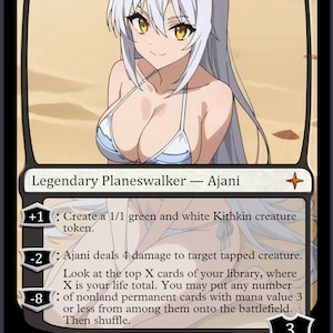 May include: A Magic: The Gathering card featuring the character Ajani, a Legendary Planeswalker. The card depicts a female anime-style character with white hair and cat ears, wearing a blue and white bikini. The card has text describing abilities and a mana cost of 3.