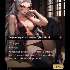 May include: A fantasy art card featuring a Djinn Monk. The card depicts a woman with long white hair, wearing a black and red outfit. The card text includes "Trample", "Prowess", and other game-related details. The card's power and toughness are 1/1.