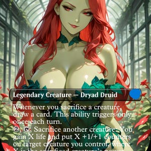 Op de afbeelding: Een fantasiekaart met "Dina, Essence Brewer", een Dryad Druid met rood haar en groene huid. De kaart bevat speltekst en een kracht/weerstand van 2/3. De achtergrond toont een kas.