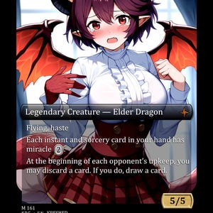 Può includere: Una carta di arte fantasy con un personaggio femminile di Elder Dragon con capelli scuri, corna e ali rosse. Indossa una camicetta bianca e una gonna a quadri. Il testo della carta include "Creatura Leggendaria - Elder Dragon" e meccaniche di gioco.