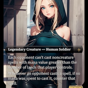 May include: A Magic: The Gathering card depicting a woman with blonde hair, wearing a teal top and a dark green hooded cloak. The card reads "Legendary Creature - Human Soldier" with game text and a 2/2 power/toughness.