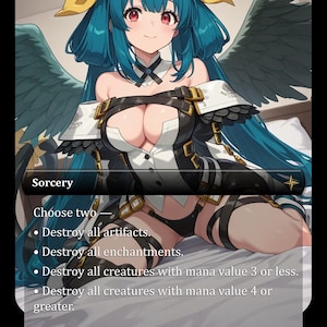 Peut inclure: Carte d'art fantastique avec une femme aux cheveux bleus et des ailes d'ange. La carte indique "Sorcellerie" et propose de détruire des artefacts, des enchantements et des créatures. La carte est principalement en noir et blanc.