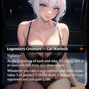 May include: A digital illustration of a female character with white hair and cat ears, wearing black lingerie. The image is a card from a trading card game, labeled "Legendary Creature - Cat Warlock" with game text and a power/toughness of 2/4.