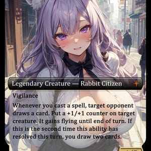 May include: A fantasy card featuring a female anime character with purple hair and rabbit ears. The card is labeled "Legendary Creature - Rabbit Citizen" and includes game text about casting spells and drawing cards. The card's power and toughness are 1/5.