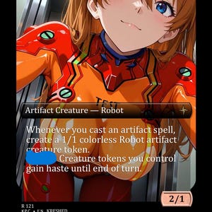 May include: A trading card featuring a character illustration in an orange and red suit. The card reads "Artifact Creature - Robot" and includes game text about creating robot artifact creature tokens. The card's power and toughness are 2/1.