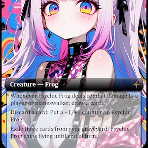 Puede incluir: Una carta de arte de fantasía que presenta un personaje con cabello blanco y rosa, y ojos grandes con iris amarillos y azules. La carta está etiquetada como "Criatura - Rana" e incluye texto del juego. La fuerza y resistencia de la carta son 1/2.