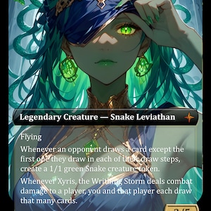 May include: A fantasy art card featuring a green-skinned woman with green eyes and long, flowing green hair intertwined with snakes. She wears a blue headpiece and gold jewelry. The card is labeled "Legendary Creature - Snake Leviathan" with text describing its abilities. The card's power and toughness are 3/5.