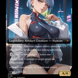 May include: A digital art Magic: The Gathering card featuring a female character with blue and pink hair, wearing a black and red outfit. The card text reads "Legendary Artifact Creature - Human" and includes game instructions. The card's power and toughness are 4/4.