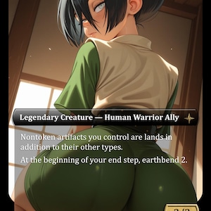 Op de afbeelding: Een fantasiekaart met een vrouwelijk personage met donker haar en groene kleding. De kaart leest "Legendary Creature - Human Warrior Ally" en bevat speltekst. De kracht en veerkracht van de kaart zijn 3/3.