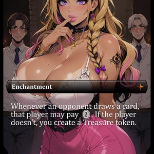 Può includere: Illustrazione in stile anime di una donna con capelli biondi e riflessi rosa, che indossa un top bianco e nero e pantaloni rosa. La carta è etichettata "Enchantment" con testo di gioco. Due uomini sono sullo sfondo.