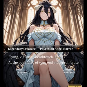 Op de afbeelding: Een fantasy art kaart met een vrouwelijke karakter met lang zwart haar, witte hoorns en zwarte vleugels. Ze draagt een witte en lichtblauwe jurk. Tekst bevat "Legendary Creature - Phyrexian Angel Horror" en spelvaardigheden.