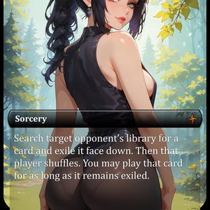 Puede incluir: Una carta de arte de fantasía que presenta a una elfa de pelo oscuro con ojos verdes y orejas puntiagudas. La carta está etiquetada como "Hechicería" e incluye texto del juego. La elfa lleva un atuendo negro.