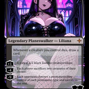 Puede incluir: Una carta de Magic: The Gathering con Liliana, una Planeswalker legendaria. La carta tiene un borde negro con texto que describe habilidades. La obra de arte representa a una mujer con un atuendo negro con un fondo gótico. El nivel de poder de la carta se indica con el número 6.