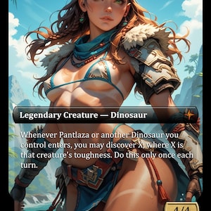 Op de afbeelding: Een fantasy art kaart met een vrouw in stamkleding. De kaart leest "Legendary Creature - Dinosaur" en bevat speltekst. De illustratie toont een vrouw met groene ogen, gekleed in een bikini, harnas en accessoires. De kracht en veerkracht van de kaart zijn 4/4.