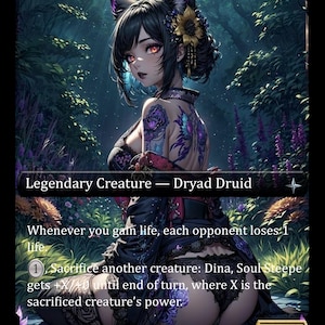 Op de afbeelding: Een fantasy art kaart met een Dryad Druid. Het personage heeft zwart haar met kattenoren, bloemen haaraccessoires en tatoeages. De kaarttekst bevat "Legendary Creature - Dryad Druid" en spelinstructies. De kracht van de kaart is 1/3.