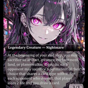 Puede incluir: Una carta de Magic: The Gathering con una ilustraci&oacute;n de estilo anime de una mujer con cabello oscuro y ojos rosados vibrantes. La carta est&aacute; etiquetada como "Legendary Creature - Nightmare" e incluye texto del juego y una fuerza/resistencia de 3/3.