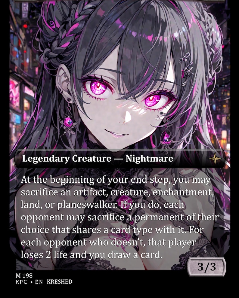 Puede incluir: Una carta de Magic: The Gathering con una ilustraci&oacute;n de estilo anime de una mujer con cabello oscuro y ojos rosados vibrantes. La carta est&aacute; etiquetada como "Legendary Creature - Nightmare" e incluye texto del juego y una fuerza/resistencia de 3/3.