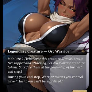 May include: A fantasy card depicting a female Orc Warrior with purple hair and a black and white outfit. The card text details the creature's abilities, including mobilizing and creating Warrior tokens. The card's power and toughness are 2/4.