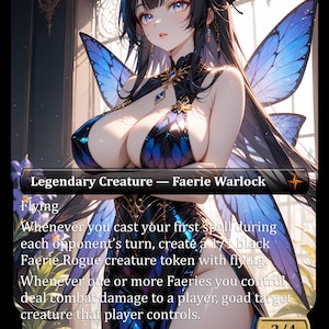 Può includere: Una carta fantasy con una Faerie Warlock con ali di farfalla blu e un abito abbinato. Il testo della carta include "Legendary Creature - Faerie Warlock" e altri dettagli del gioco. La carta ha 2/4 di potenza e resistenza.