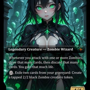 Może przedstawiać: Karta Magic: The Gathering przedstawiająca Zombie Wizard z czarnymi włosami i zielonymi oczami. Tekst karty zawiera instrukcje gry i moc/wytrzymałość 4/4. Tło zielono-czarne z motywami czaszek. Legendarna istota.