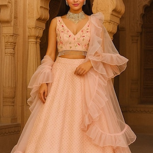May include: A peach-colored, embroidered formal dress with a matching ruffled shawl. The sleeveless top has a V-neck and floral embroidery. The skirt has a dotted pattern and a decorative border. The outfit is suitable for special occasions.