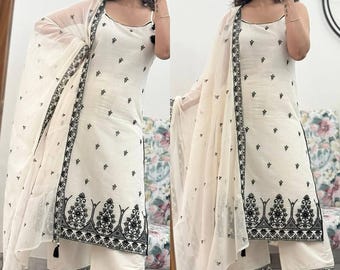 Schönes besticktes Kurta-Set mit Hosenindianersalwar Kameez-Frauenanzug, cremefarbene Maska-Baumwolle mit Stickerei