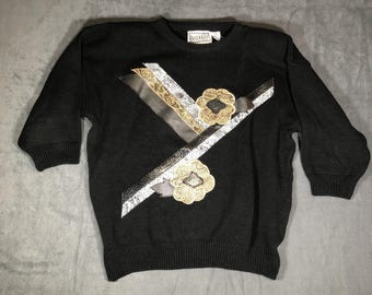 Gitano Vintage Women's Black Sweater Gold Flower Snakeskin 44/24W Preowned