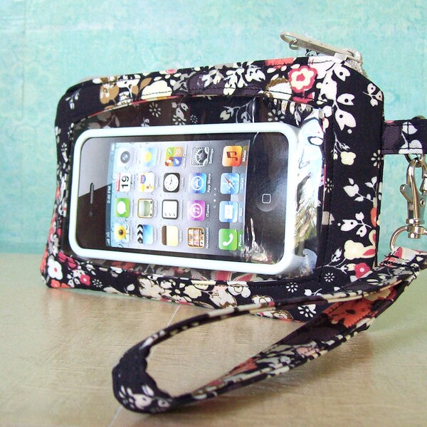 Last One- Touch Screen Wristlet, iphone wallet, cell phone wristlet, droid, fabric phone case, touch screen pocket, floral on black, chrome